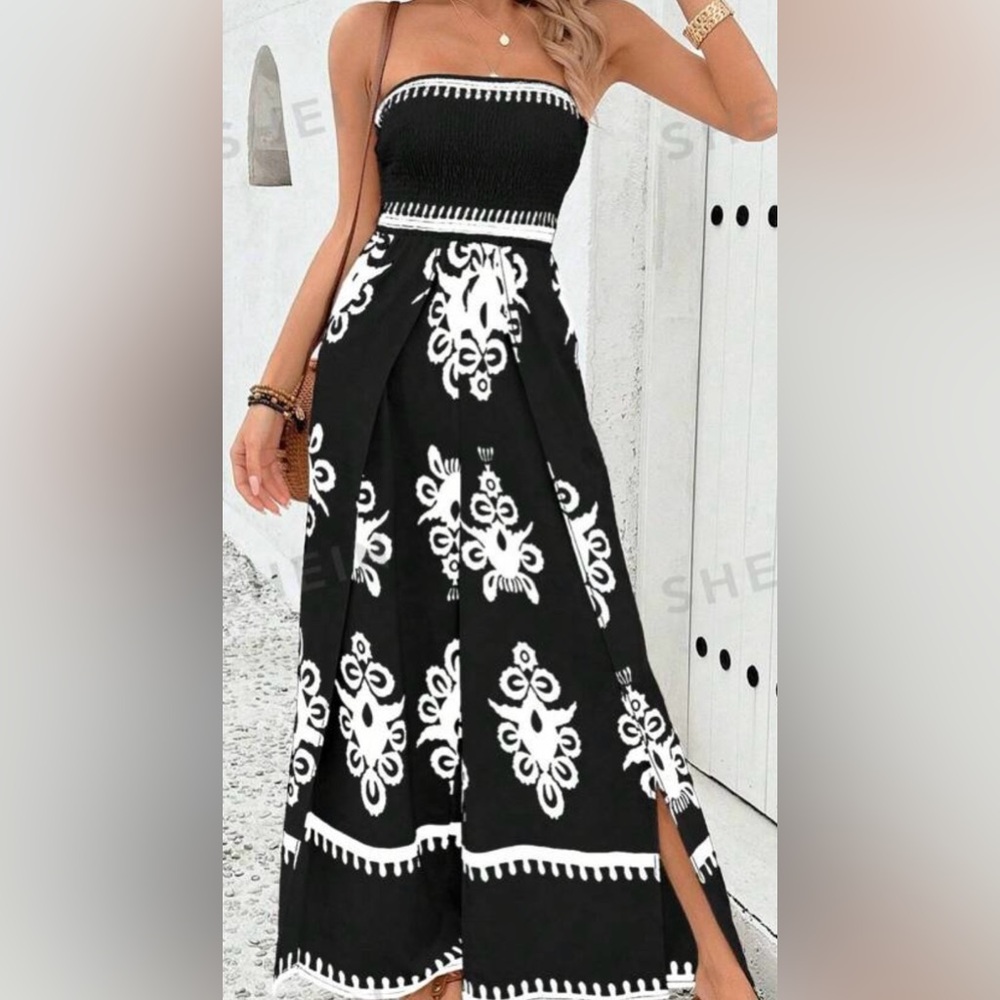 SHEIN Holiday Vintage Style Women Printed Strapless Jumpsuit, Large
